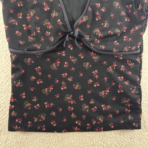 Aeropostale Floral Mesh Tie Front Top Black‎ V Neck Short Sleeve Y2K Baby Doll - Picture 3 of 6